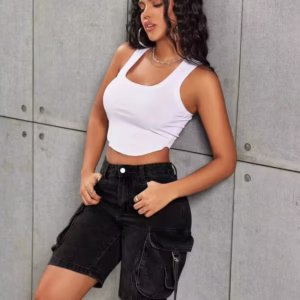 Vintage Flap Pocket Strap Detail Cargo Bermuda Straight Leg Jeans/Denim Shorts Casual Black Summer