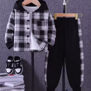 Young Boy British Holiday Style Plaid Patchwork Design Hooded Shacket And Plaid Patchwork Elastic Waist Jogger Pants Set, Autumn