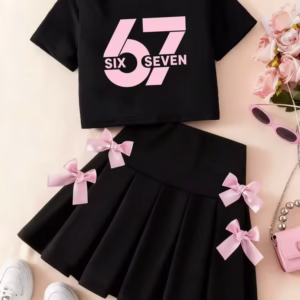 Young Girl Bow Print Round Neck Short Sleeve Top And Skirt Set