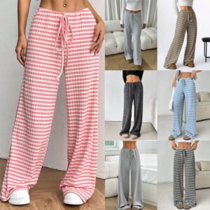 Striped Solid-Color Cotton Straight-Leg Pants For Women Vacation Style