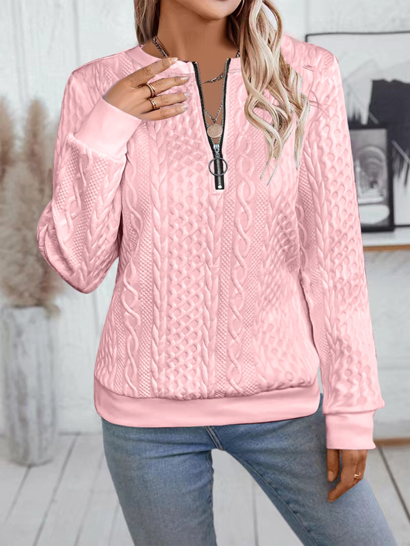 Casual Neckline Long-sleeve Zipper Sweaters Women's Clothing - Image 5