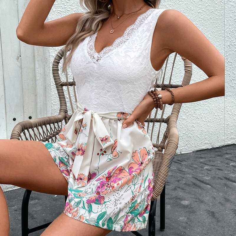 Elegant Summer Lace-Strap Jumpsuit With Floral Print Shorts - Image 5
