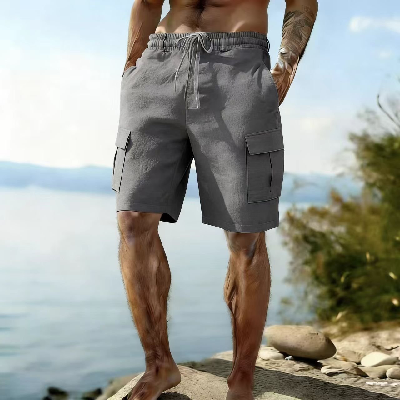 Casual Beach Cotton-linen Cargo Shorts For Men - Image 2