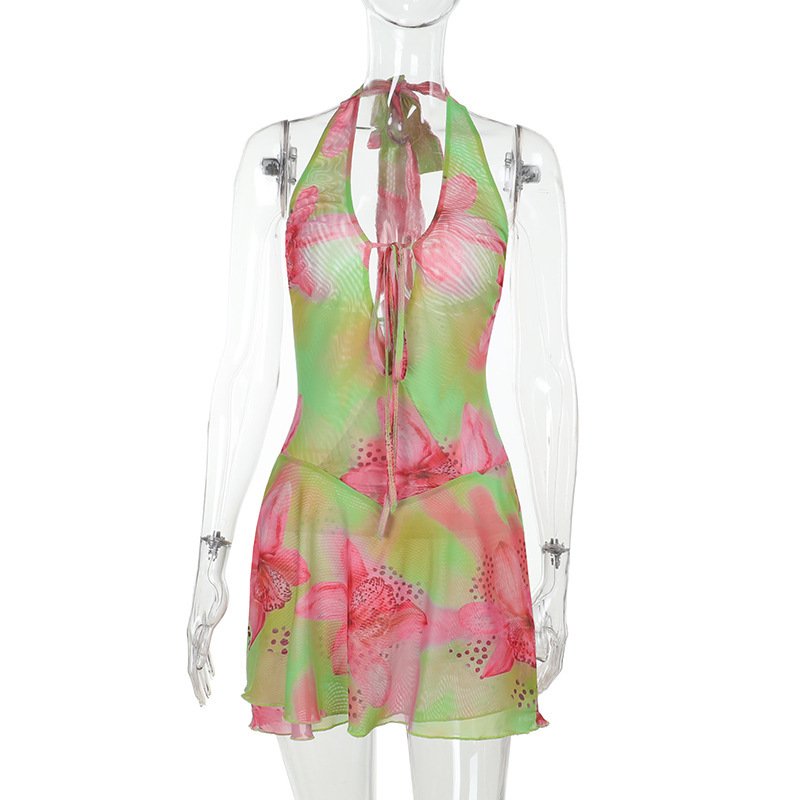 Sexy Backless Halter Vacation Style Hot Girl Print Dress - Image 9