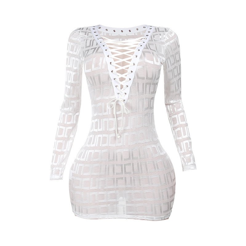 Sexy Hot Girl Long Sleeve Deep V Sexy Mesh Tied Dress - Image 3