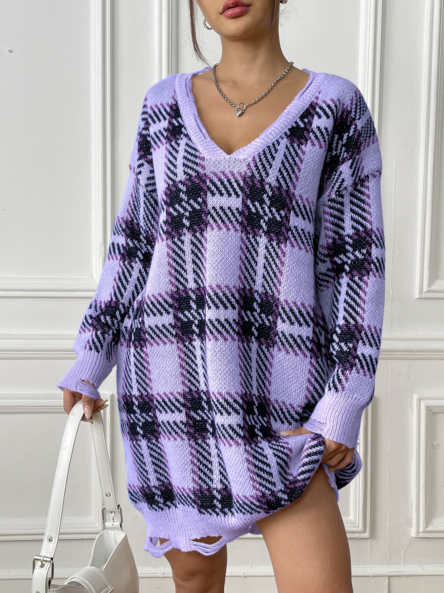 Fashion V-neck Plaid Dress Casual Loose Long-sleeved Dresses Autumn And Winter Women's Clothing - Image 5