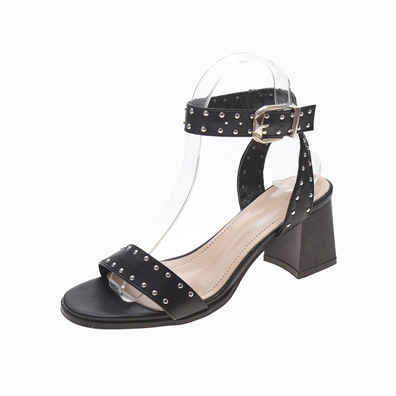 Studded Roman Sandals Women's Word Belt Black Thick Heel High Heels Women - Image 2