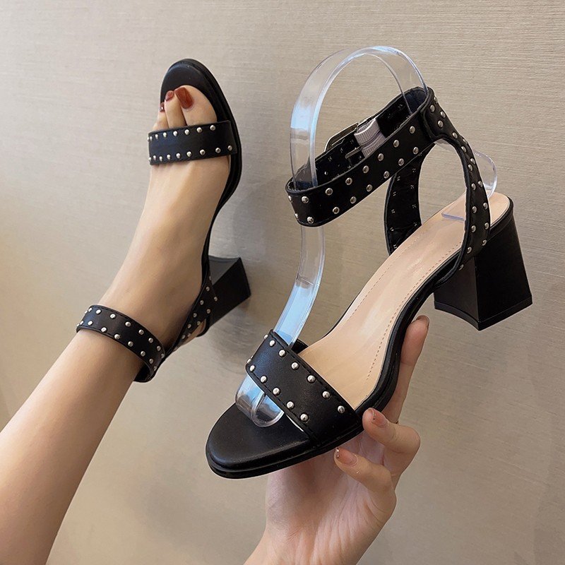 Studded Roman Sandals Women's Word Belt Black Thick Heel High Heels Women - Image 5