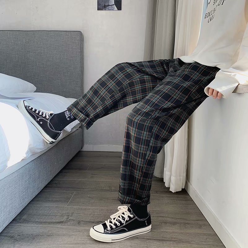 Boys Plaid Casual Pants Korean Style Loose Harem Pants Men - Image 3