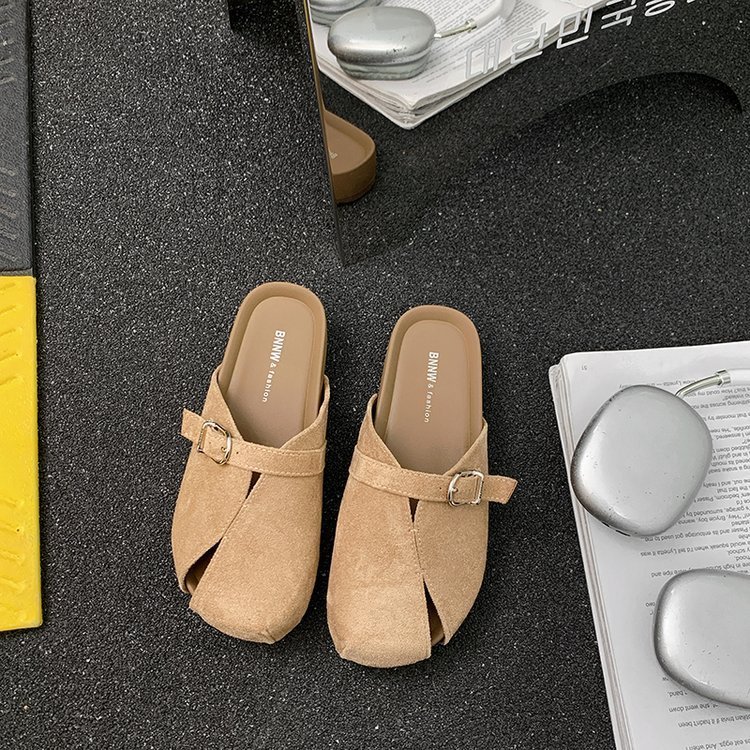 Women Textured Retro Round Toe Closed Toe Mules, Summer Slip On Flat Mule Shoes, Versatile Outdoor Wear Women Slide Sandals - Image 2