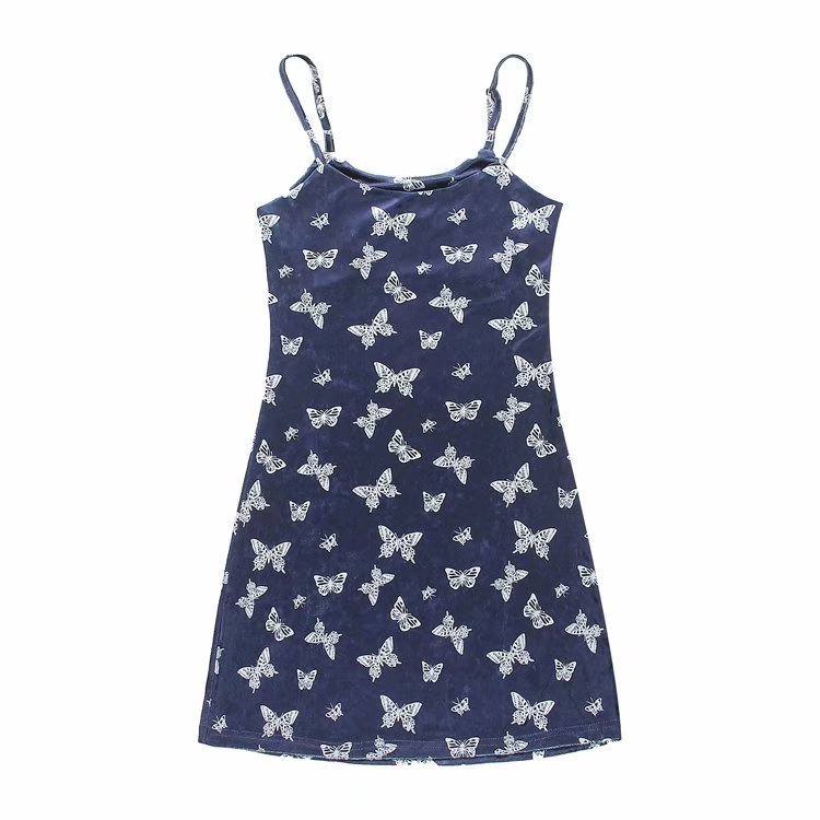 Street Girl Butterfly Print Retro Velvet Slim Suspender Dress Skirt - Image 2