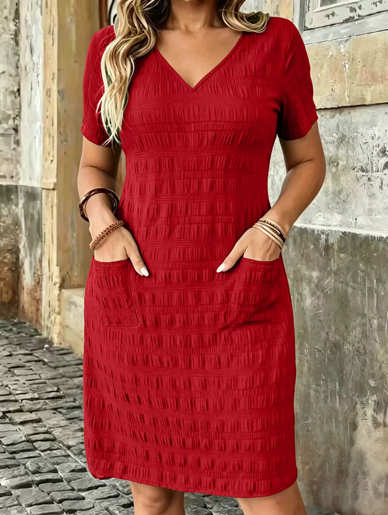 Plus-size Womens Solid-color V-neck Short-sleeve Dress - Image 4