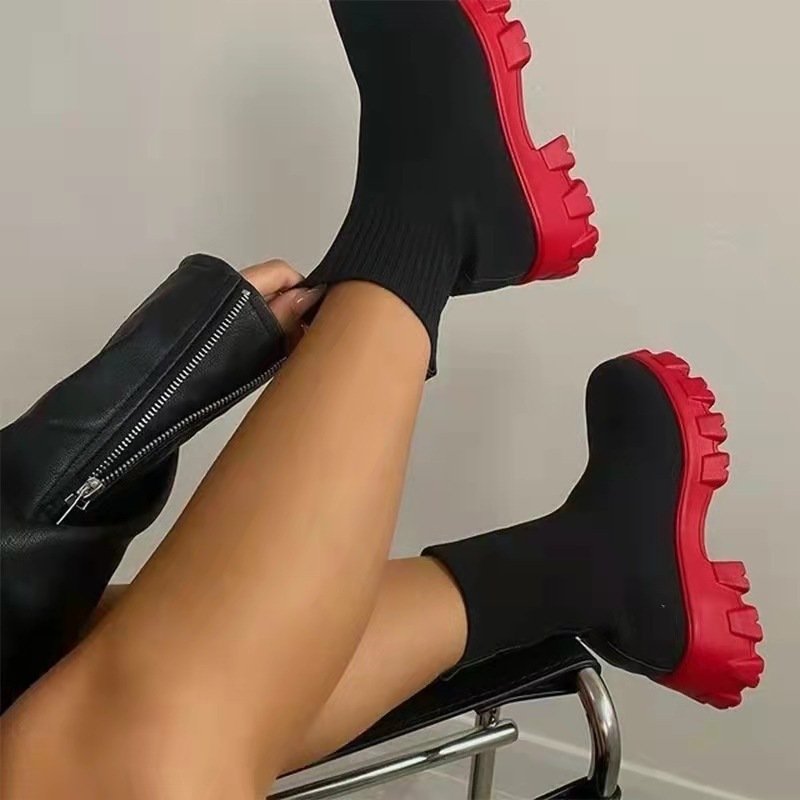 Women Sock Boots Platform Chunky Heels Shoes - Image 4