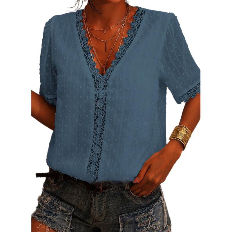 Chiffon Shirt European And American Women Embroidered Lace Short-Sleeved Blouse Women - Image 2