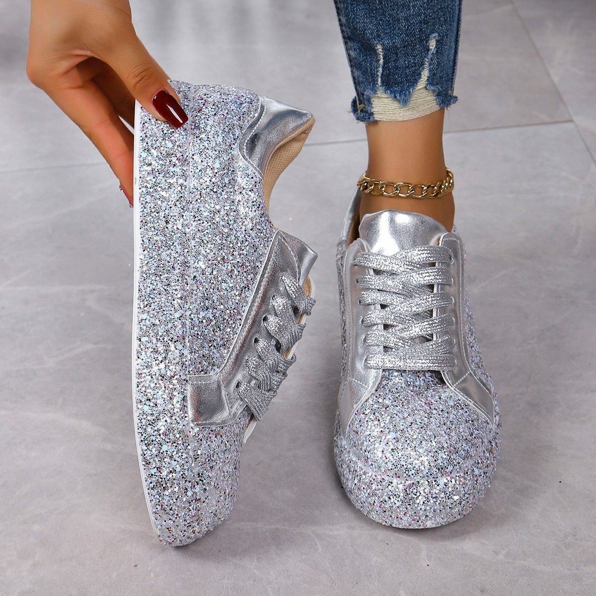 Plus Size Sequins Casual Fashion Shoes Women Front Lace Up Sneaker Women - Image 7