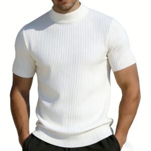 Short-sleeved Knitted T-shirt For Men Mock Neck Solid Color