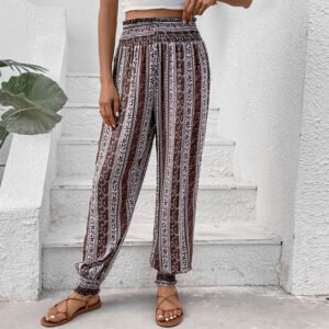 Elastic High-waist Printed Pants For Women