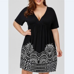 Plus size short sleeve V-neck print dress