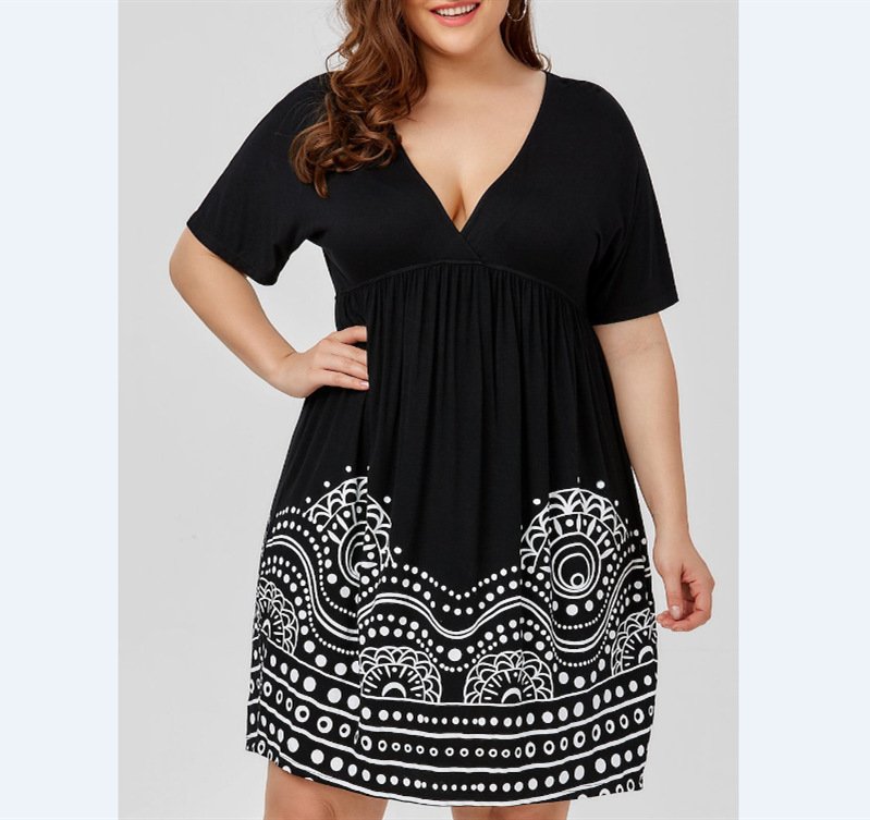 Plus size short sleeve V-neck print dress