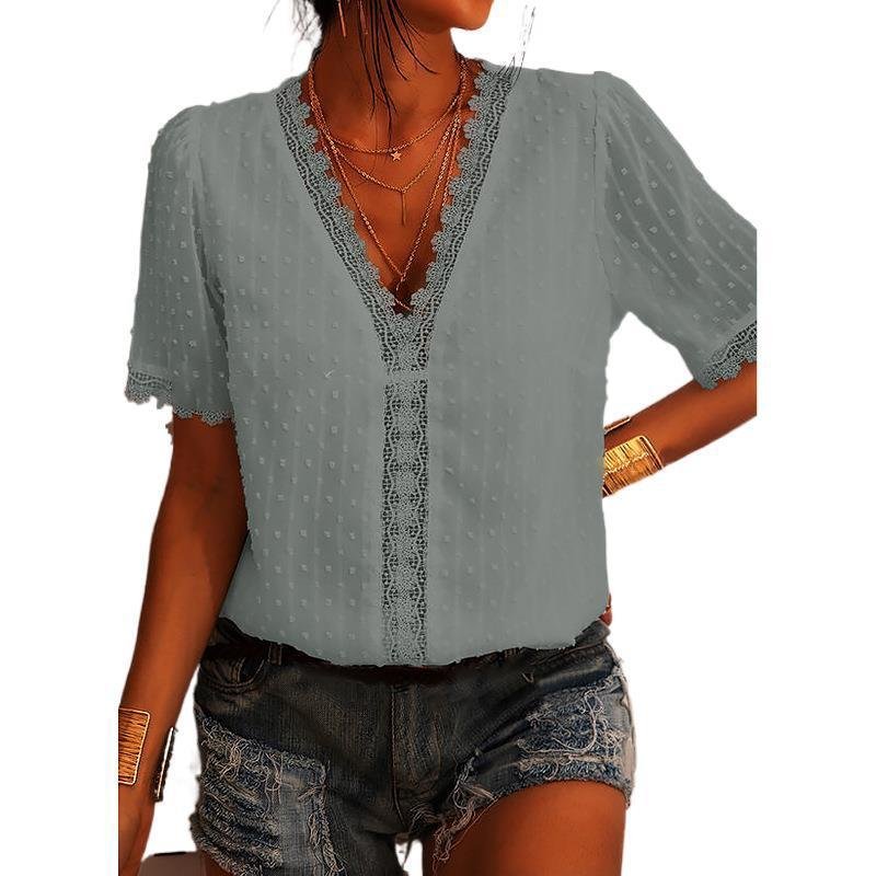 Chiffon Shirt European And American Women Embroidered Lace Short-Sleeved Blouse Women - Image 5