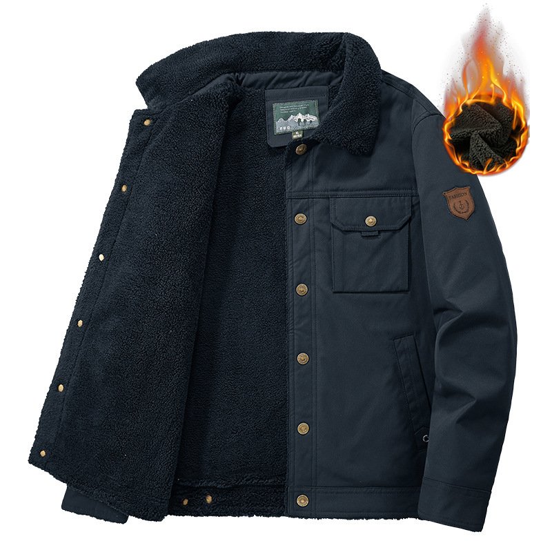 Washed Jacket For Men Fleece-lined And Thickened Lambswool Casual Style - Image 5