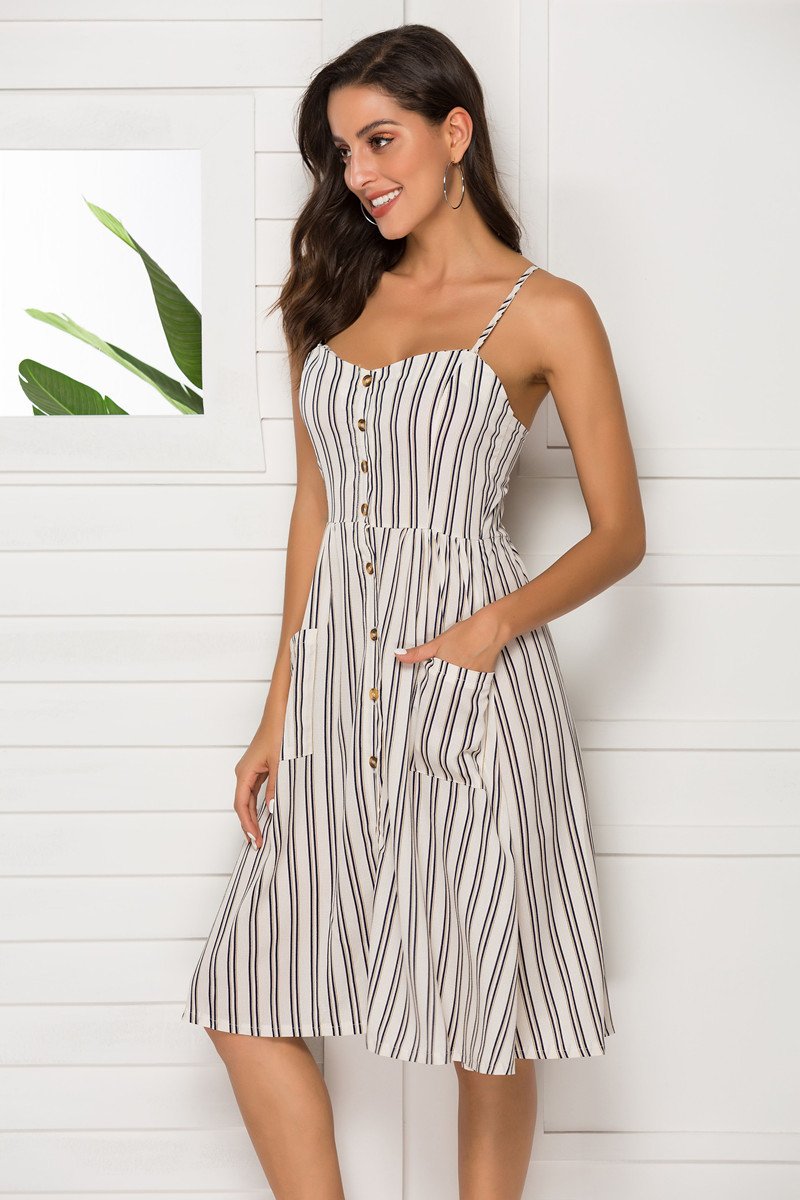 Sexy Dress Midi Button Striped Floral Dress - Image 4