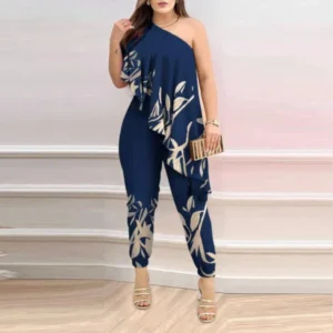 Printed One-shoulder Ruffled Jumpsuit