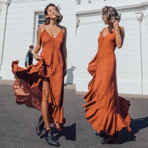 Printed single-breasted sling long dress