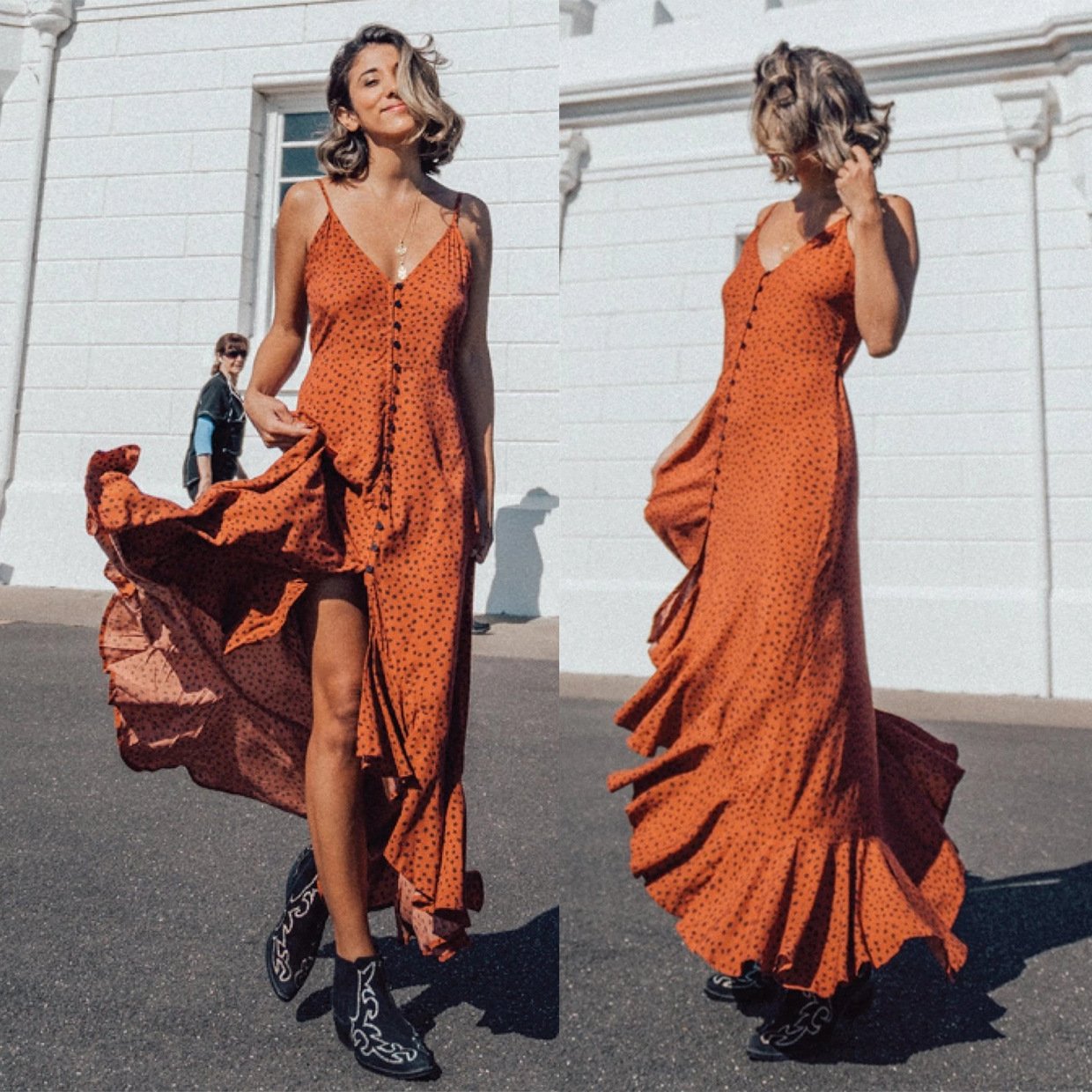 Printed single-breasted sling long dress