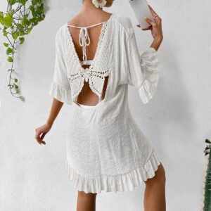 New V Neck Flare Sleeve Back Butterfly Print Sun Protection Dress, Bestseller Beach Cover Up Dress For Amazon