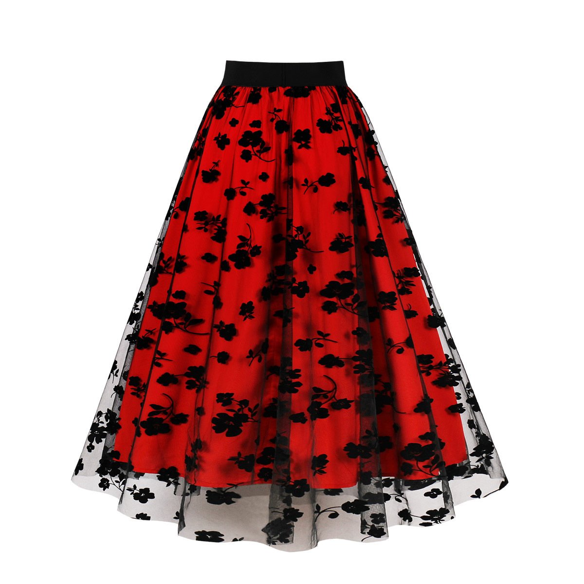 Mesh Double Layer Flock Printing Big Hem Skirt - Image 5