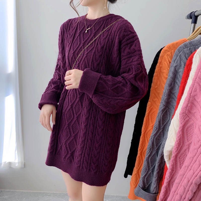 Girls' Mid-length Thickened Sweater Korean Style Lazy Style Loose Pullover Solid Color Crew Neck Coat - Image 5