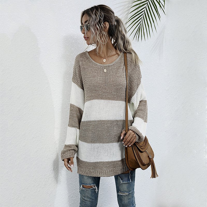 Striped Color Matching Knitted Inner Match Female Mid-length Sweater