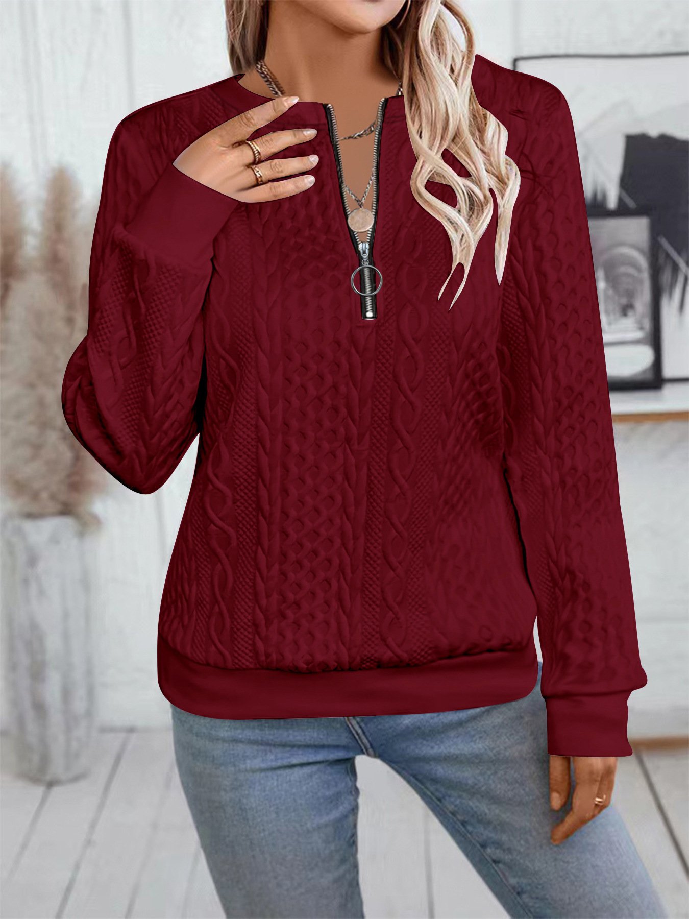 Casual Neckline Long-sleeve Zipper Sweaters Women's Clothing - Image 4