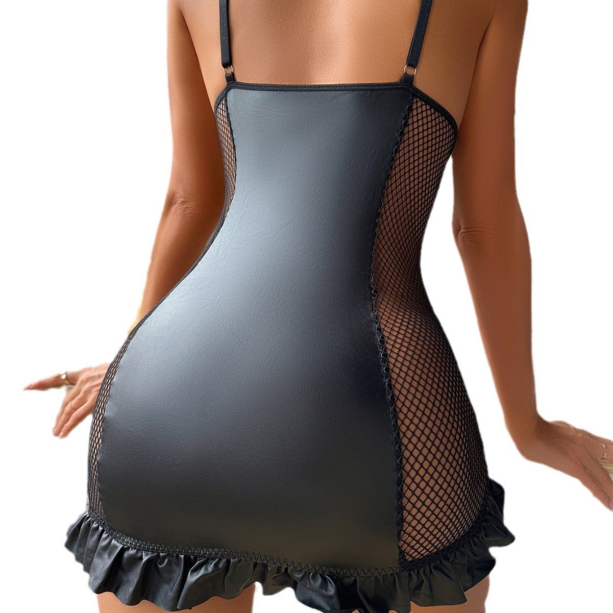 Women's Lace Fishnet U Leather Stitching Front Zipper Nightdress - Image 2