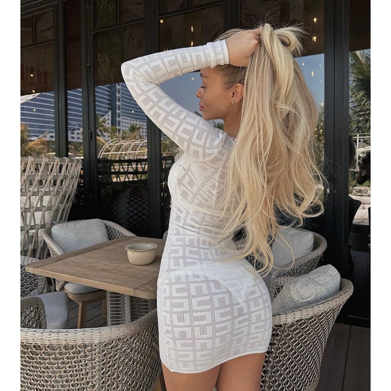 Sexy Hot Girl Long Sleeve Deep V Sexy Mesh Tied Dress - Image 6