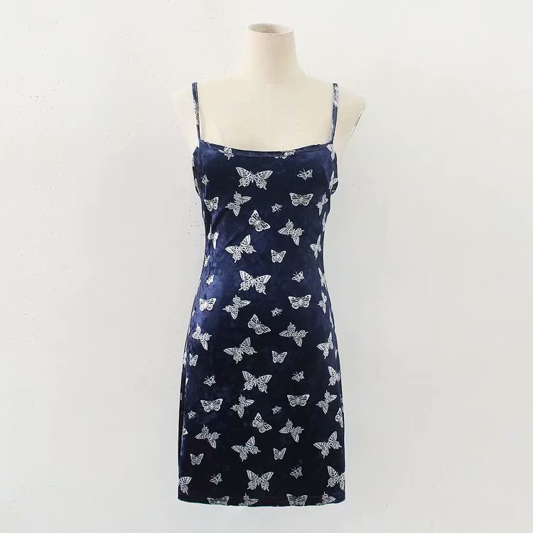 Street Girl Butterfly Print Retro Velvet Slim Suspender Dress Skirt - Image 3