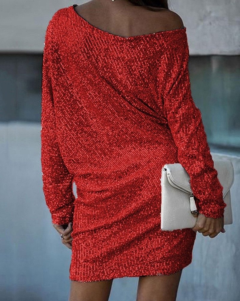 Fashion Oblique Shoulder Sequins Dress Ins Long-sleeved Dresses For Party Women's Clothing - Image 7