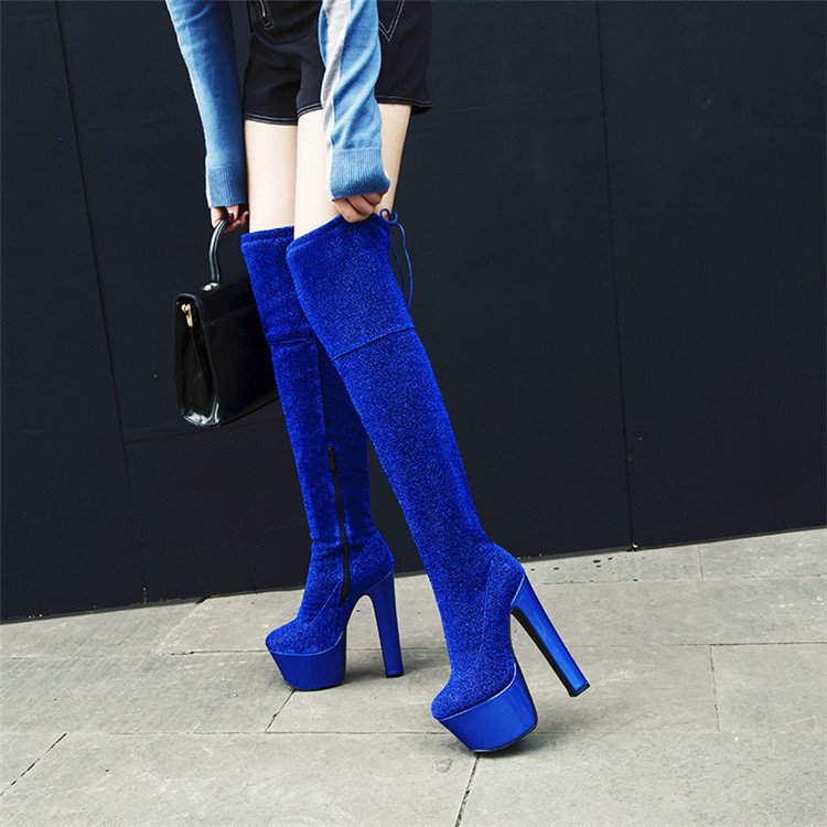 Womens Thigh Bling Sequined Cloth Platforms High Heels Long Boots - Image 4
