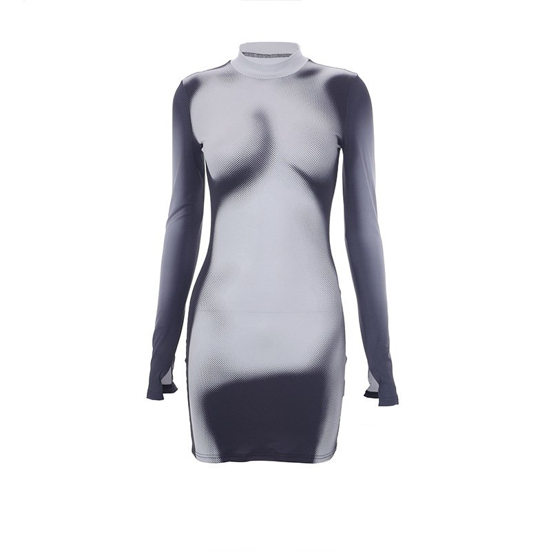 Women's Fashion Temperament Body Printed Long-sleeved Slim Round Neck Short Dresses - Image 7