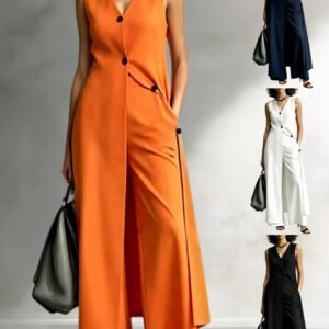 2026 New Cross-Border Amazon European And American Fashion Sleeveless Suit For Women, Long V-Neck Top And Wide-Leg Pants Two-Piece Set