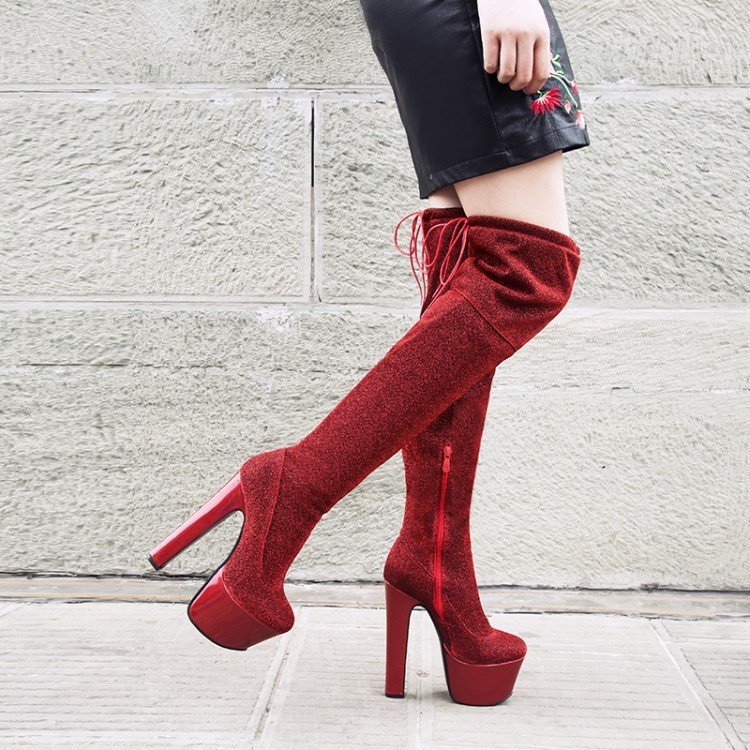 Womens Thigh Bling Sequined Cloth Platforms High Heels Long Boots - Image 5