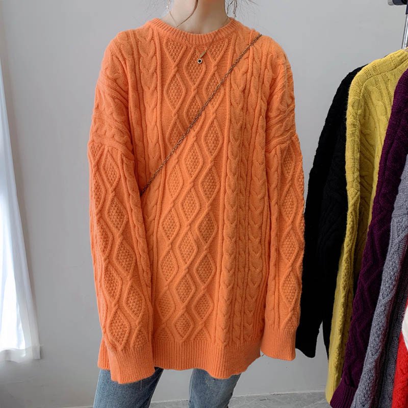 Girls' Mid-length Thickened Sweater Korean Style Lazy Style Loose Pullover Solid Color Crew Neck Coat - Image 8