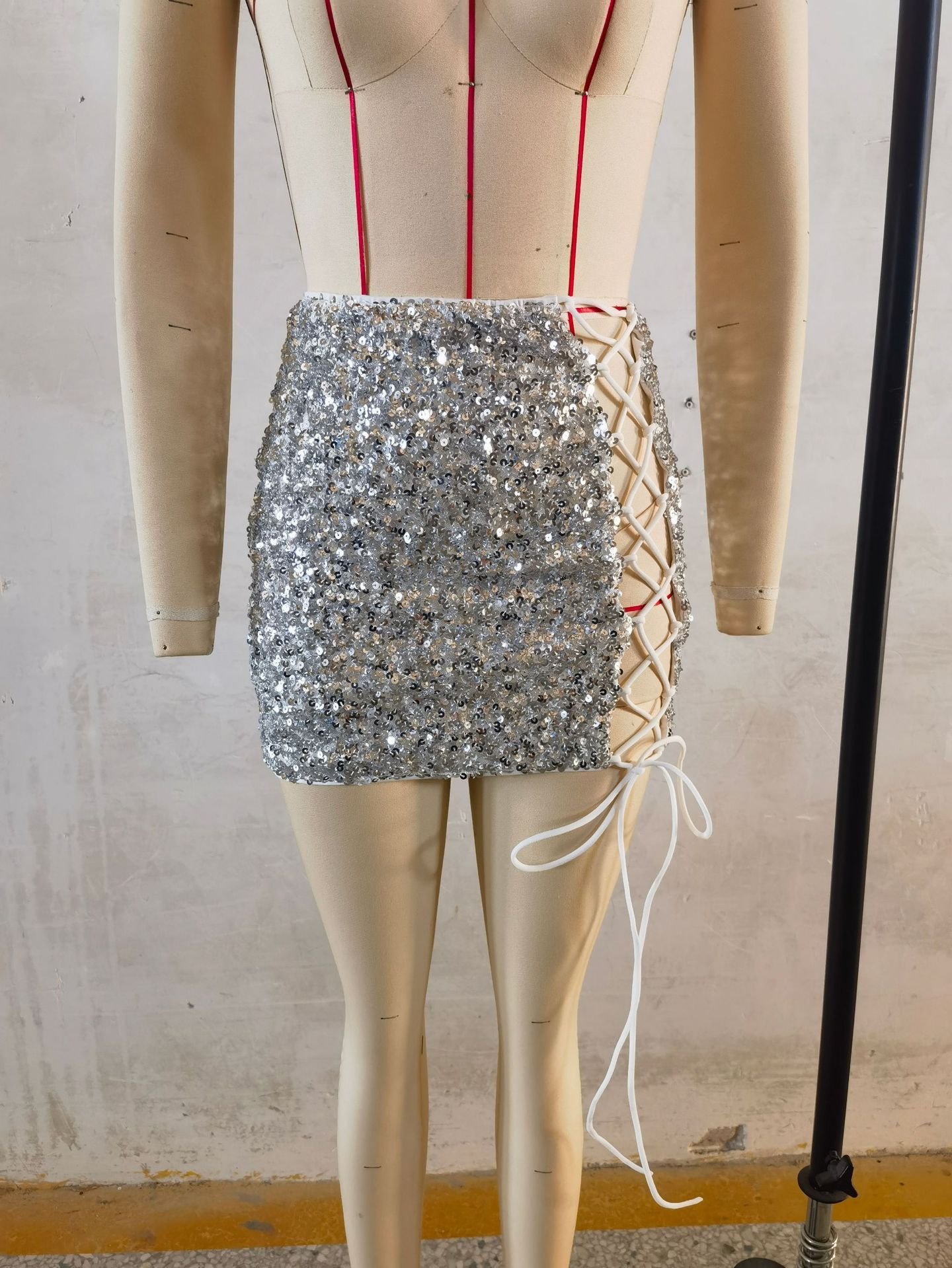 Women's Lace-Up Sequin Skirt - Short A-Line Party Skirt with Shiny Metallic Flakes and Adjustable Front Lacing - Image 2