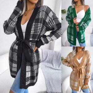 Plaid Straps Lantern Sleeves Casual Cardigan Sweater Jacket