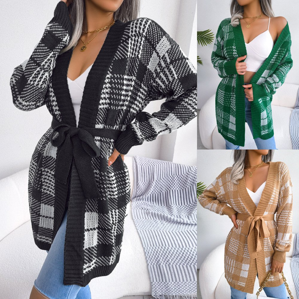 Plaid Straps Lantern Sleeves Casual Cardigan Sweater Jacket