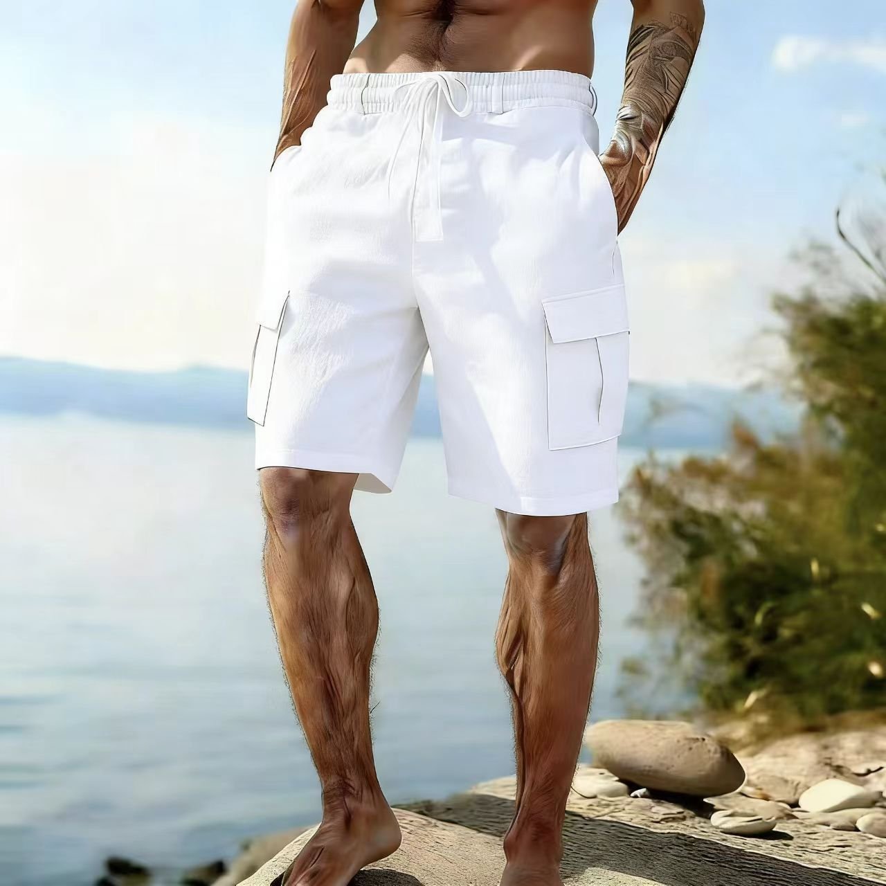 Casual Beach Cotton-linen Cargo Shorts For Men - Image 4