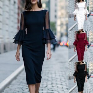 Womens Off-shoulder Sheer Double-layer Flared-sleeve Figure-hugging Sheath Evening Dress