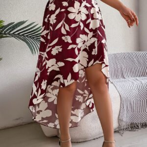 Women's Elegant Floral Print Ruffle Hem Midi Asymmetric Skirt