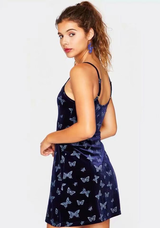 Street Girl Butterfly Print Retro Velvet Slim Suspender Dress Skirt - Image 6